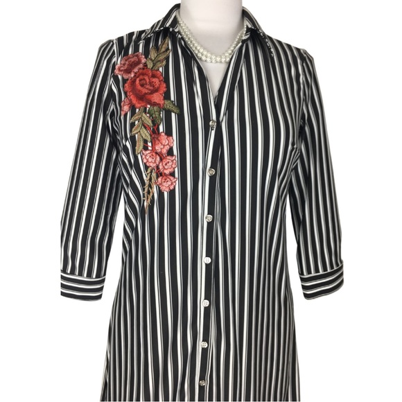 Mlle Gabrielle Black White Striped Stretch Button Down Shirt Dress size  Small - Picture 5 of 16